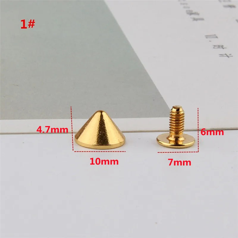 All Kinds of Gold Metal Screwback Cone Studs Bullet Spike Stud Punk Bag Belt Shoes Clothes Leathercraft Cone Rivet DIY