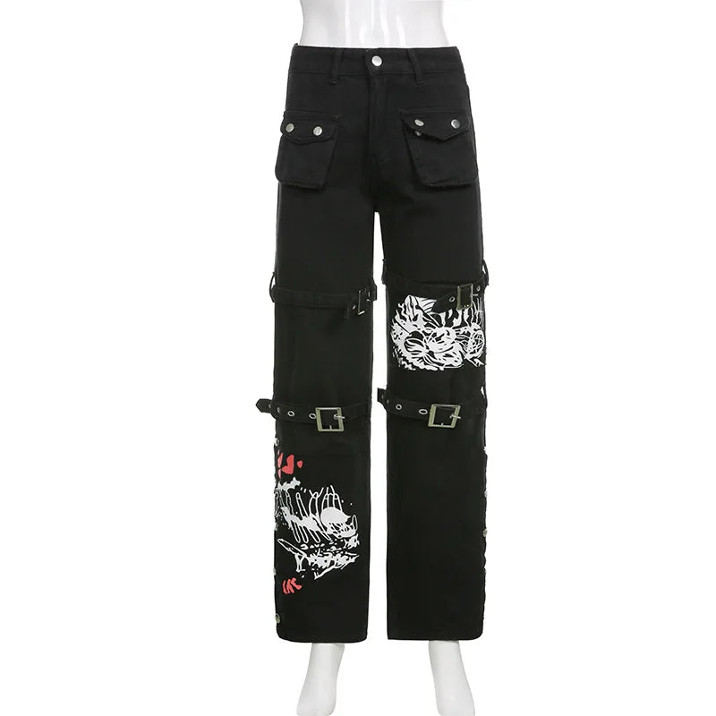 Eyelet Buckle Cyber Punk Goth Baggy Jeans Y2K Woman Techwear Dark Academic Solid E Girl Cargo Pants Denim Gothic Hippie Trousers