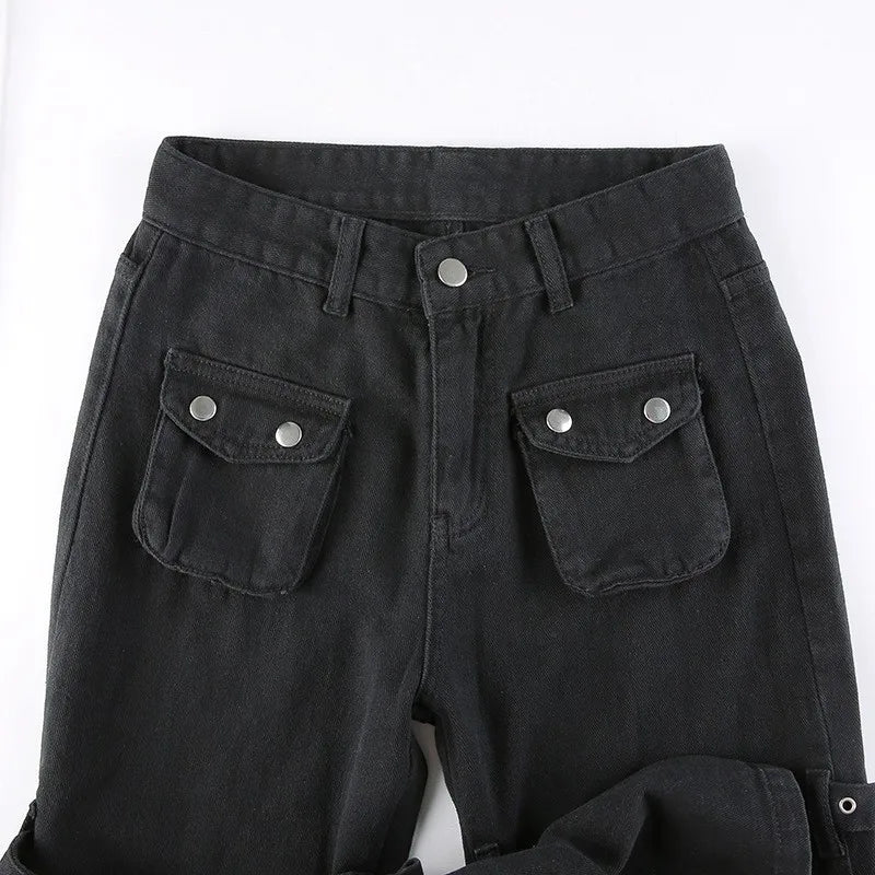 Eyelet Buckle Cyber Punk Goth Baggy Jeans Y2K Woman Techwear Dark Academic Solid E Girl Cargo Pants Denim Gothic Hippie Trousers