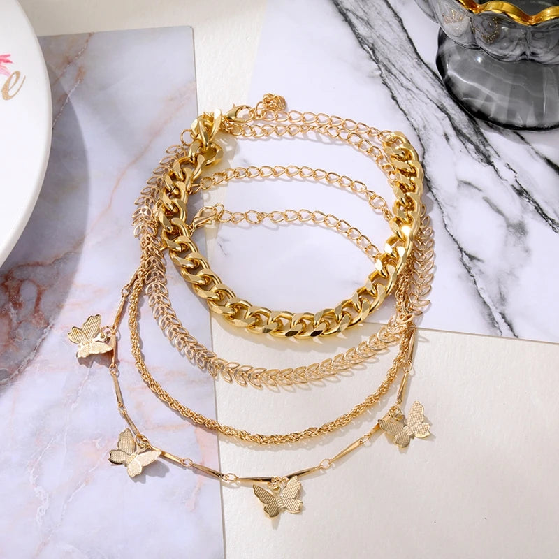 Fashion Butterfly Gold Color Silver Colors Bracelets Set For Women DIY Gold Color Chain Charm Bracelet Bohemian Jewelry