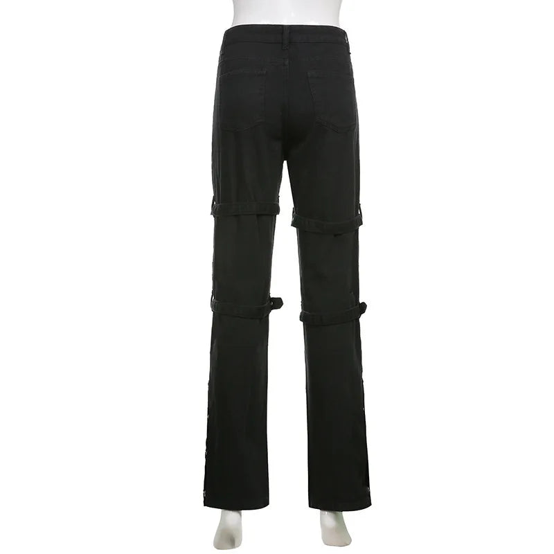 Eyelet Buckle Cyber Punk Goth Baggy Jeans Y2K Woman Techwear Dark Academic Solid E Girl Cargo Pants Denim Gothic Hippie Trousers