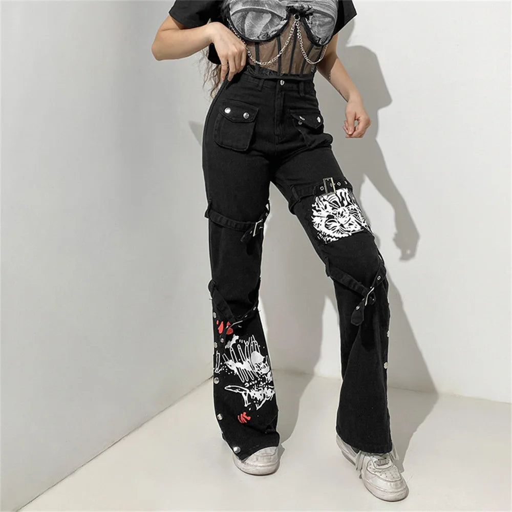 Eyelet Buckle Cyber Punk Goth Baggy Jeans Y2K Woman Techwear Dark Academic Solid E Girl Cargo Pants Denim Gothic Hippie Trousers