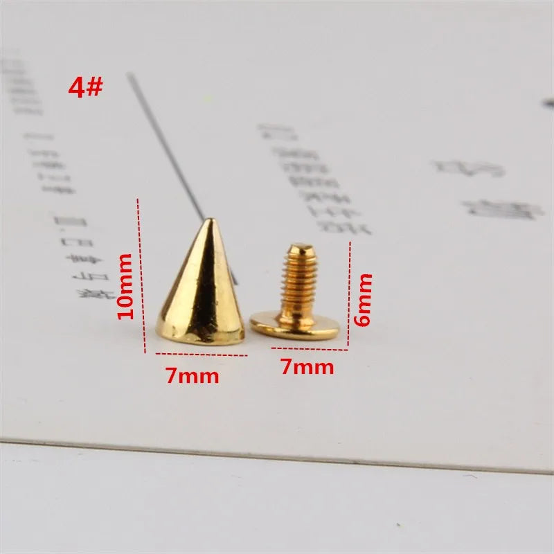 All Kinds of Gold Metal Screwback Cone Studs Bullet Spike Stud Punk Bag Belt Shoes Clothes Leathercraft Cone Rivet DIY