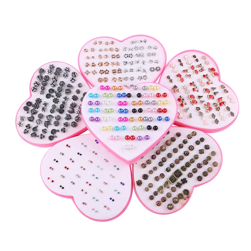 18/36/100Pairs Women Star Moon Small Plastic Stud Earrings Set Girl Children Cartoon Geometric Party Birthday Christmas Jewelry