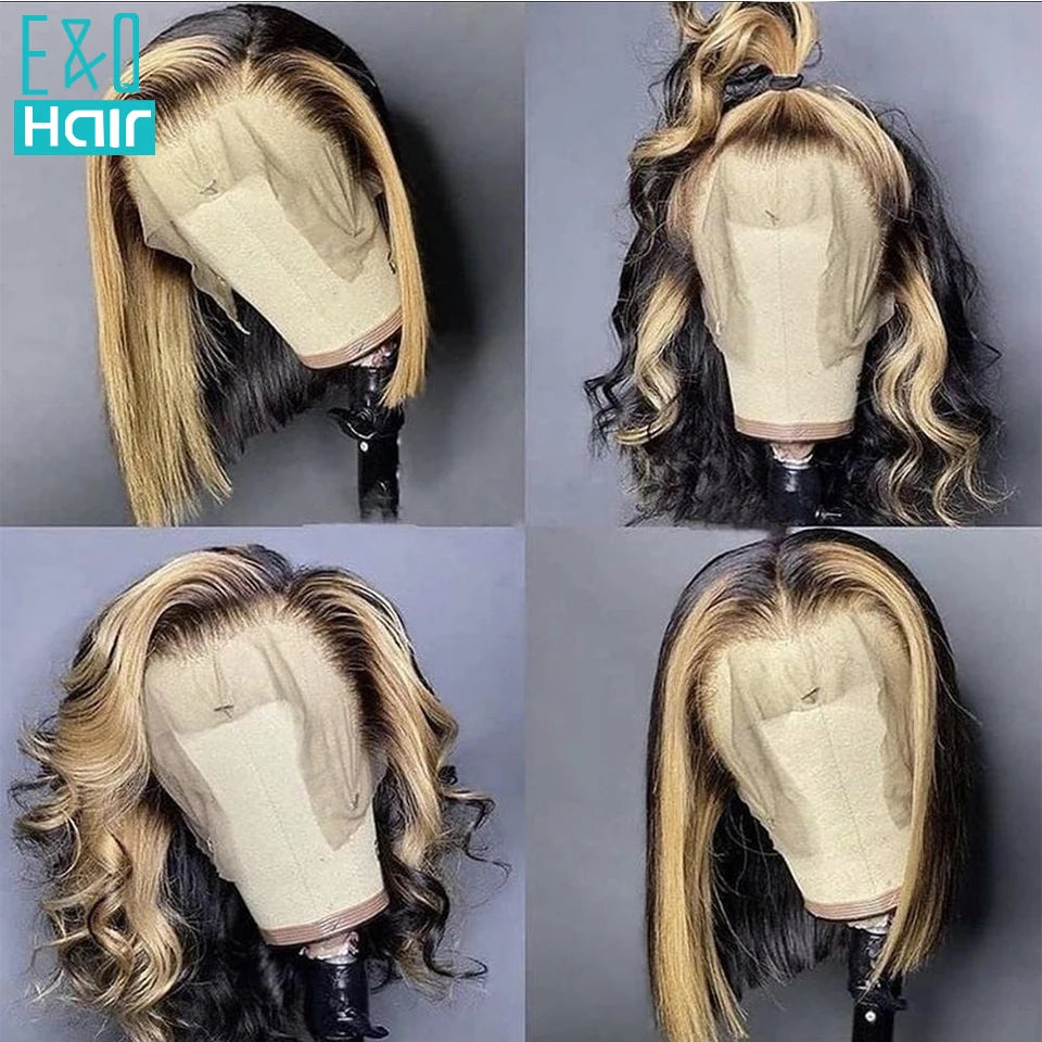 Ombre Colored Wig Straight Short Bob Human Hair Wigs For Women Brazilian Remy Transparent Lace Part Pre Plucked With Baby Hair