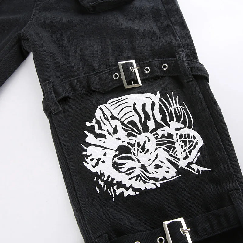 Eyelet Buckle Cyber Punk Goth Baggy Jeans Y2K Woman Techwear Dark Academic Solid E Girl Cargo Pants Denim Gothic Hippie Trousers