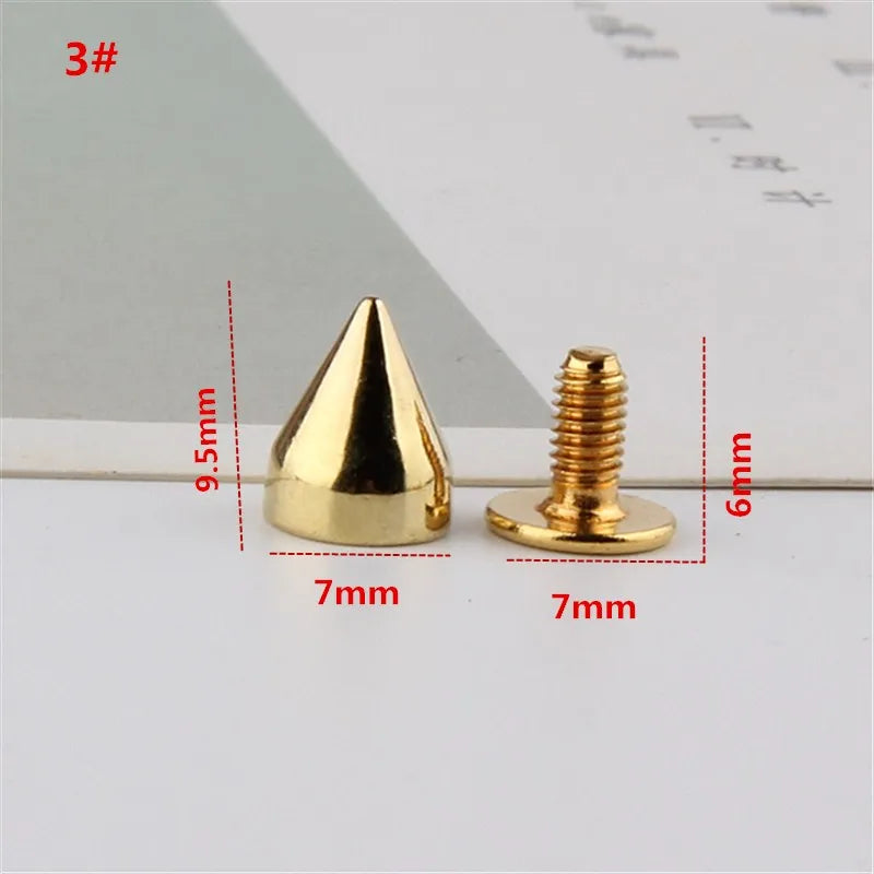 All Kinds of Gold Metal Screwback Cone Studs Bullet Spike Stud Punk Bag Belt Shoes Clothes Leathercraft Cone Rivet DIY