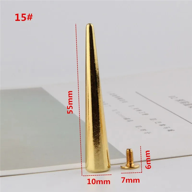 All Kinds of Gold Metal Screwback Cone Studs Bullet Spike Stud Punk Bag Belt Shoes Clothes Leathercraft Cone Rivet DIY