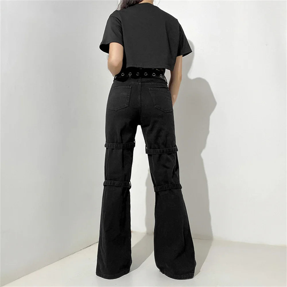 Eyelet Buckle Cyber Punk Goth Baggy Jeans Y2K Woman Techwear Dark Academic Solid E Girl Cargo Pants Denim Gothic Hippie Trousers