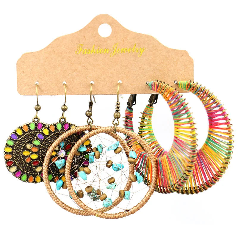 Boho Round Big Handmade Earrings Set for women Geometry Hollow Decorative Pattern Drops of oil Drops of oil Tassel long Earring