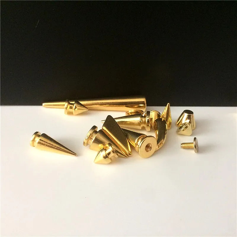 All Kinds of Gold Metal Screwback Cone Studs Bullet Spike Stud Punk Bag Belt Shoes Clothes Leathercraft Cone Rivet DIY