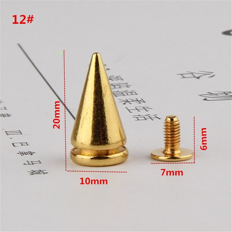 All Kinds of Gold Metal Screwback Cone Studs Bullet Spike Stud Punk Bag Belt Shoes Clothes Leathercraft Cone Rivet DIY