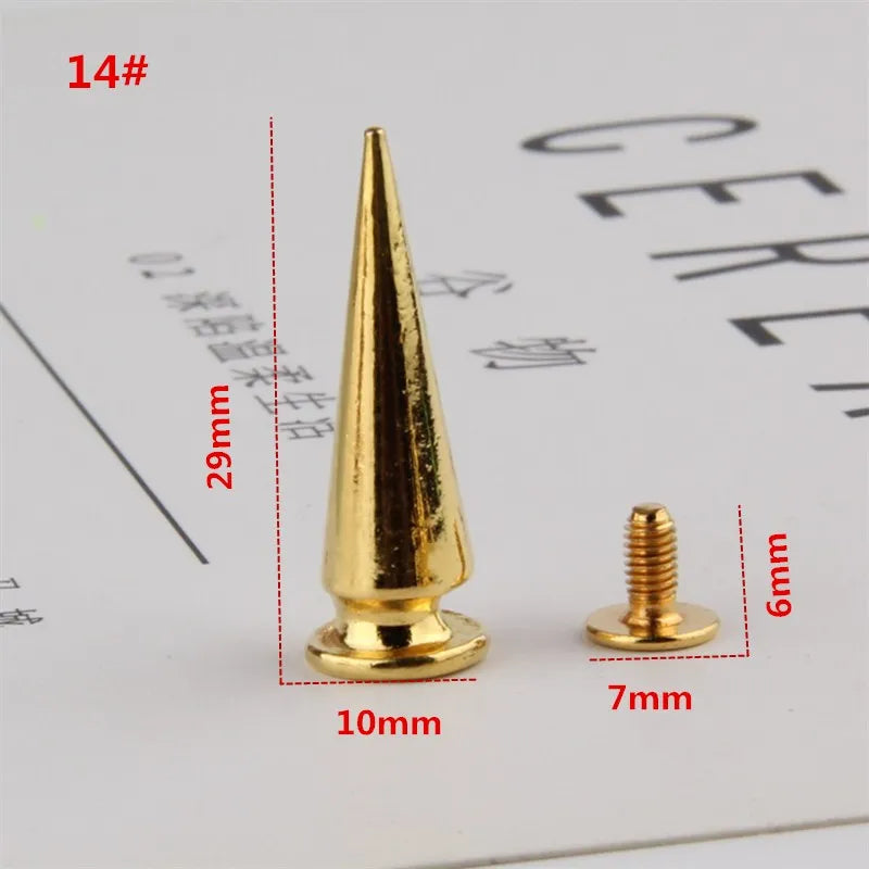 All Kinds of Gold Metal Screwback Cone Studs Bullet Spike Stud Punk Bag Belt Shoes Clothes Leathercraft Cone Rivet DIY