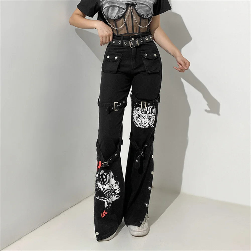Eyelet Buckle Cyber Punk Goth Baggy Jeans Y2K Woman Techwear Dark Academic Solid E Girl Cargo Pants Denim Gothic Hippie Trousers
