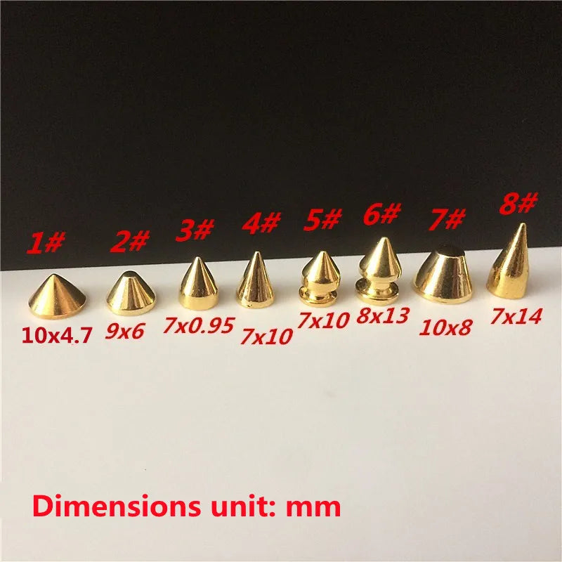 All Kinds of Gold Metal Screwback Cone Studs Bullet Spike Stud Punk Bag Belt Shoes Clothes Leathercraft Cone Rivet DIY