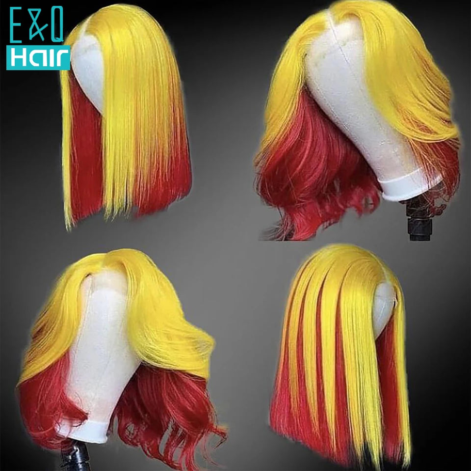Ombre Colored Wig Straight Short Bob Human Hair Wigs For Women Brazilian Remy Transparent Lace Part Pre Plucked With Baby Hair