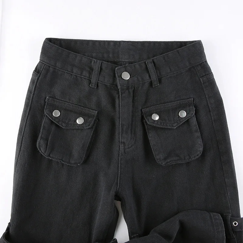 Eyelet Buckle Cyber Punk Goth Baggy Jeans Y2K Woman Techwear Dark Academic Solid E Girl Cargo Pants Denim Gothic Hippie Trousers