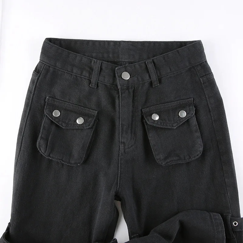 Eyelet Buckle Cyber Punk Goth Baggy Jeans Y2K Woman Techwear Dark Academic Solid E Girl Cargo Pants Denim Gothic Hippie Trousers