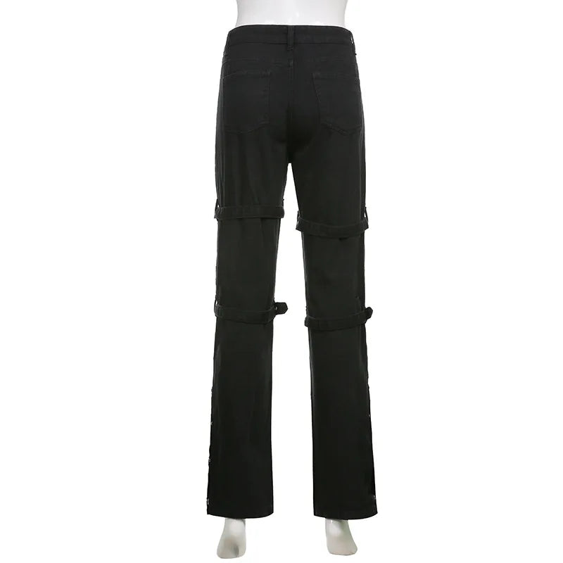 Eyelet Buckle Cyber Punk Goth Baggy Jeans Y2K Woman Techwear Dark Academic Solid E Girl Cargo Pants Denim Gothic Hippie Trousers