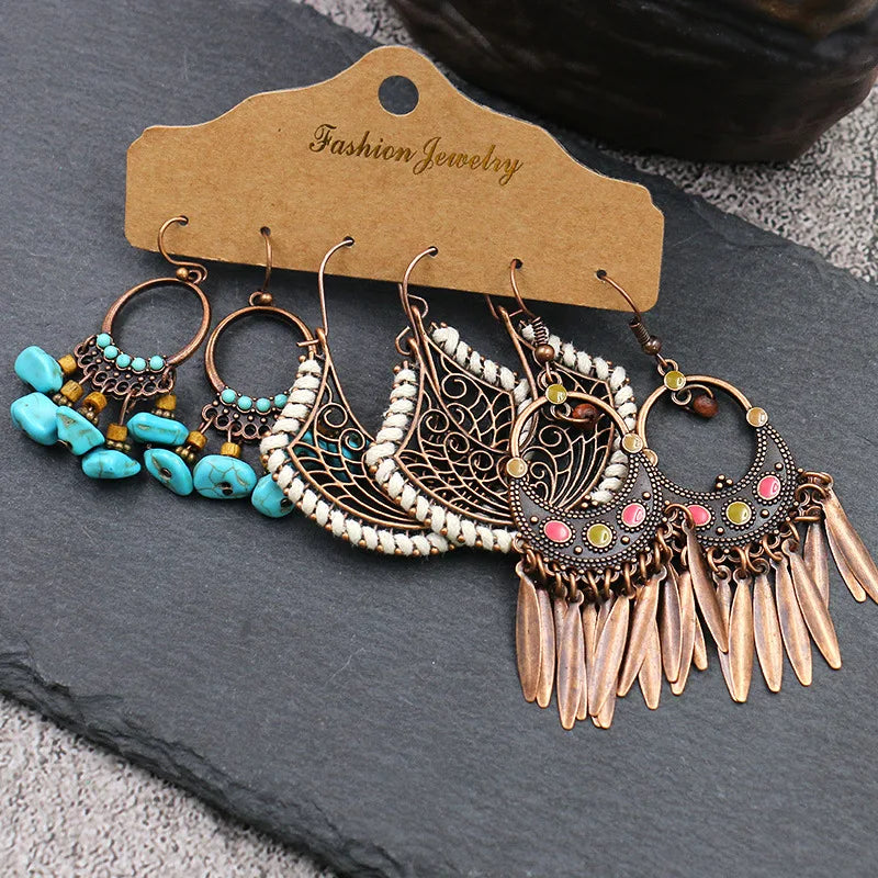 Boho Round Big Handmade Earrings Set for women Geometry Hollow Decorative Pattern Drops of oil Drops of oil Tassel long Earring