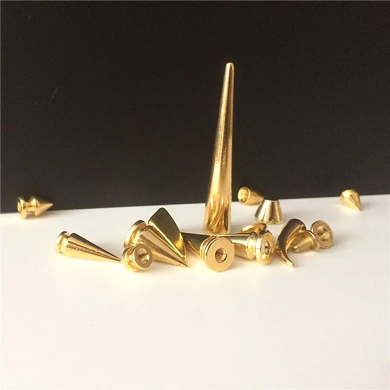 All Kinds of Gold Metal Screwback Cone Studs Bullet Spike Stud Punk Bag Belt Shoes Clothes Leathercraft Cone Rivet DIY