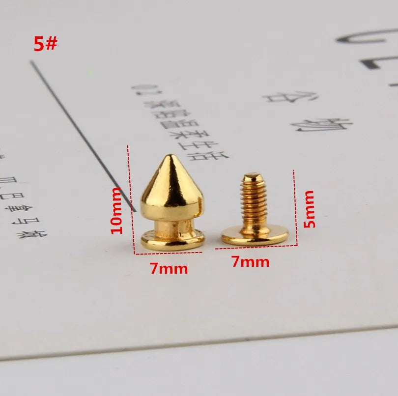 All Kinds of Gold Metal Screwback Cone Studs Bullet Spike Stud Punk Bag Belt Shoes Clothes Leathercraft Cone Rivet DIY