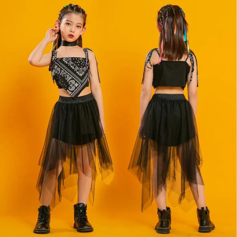Kids Punk Hip Hop Clothing Square Neck Puff Sleeve Crop T Shirt Pleated Mesh Skirt Pant For Girls Jazz Dance Costume Set Clothes