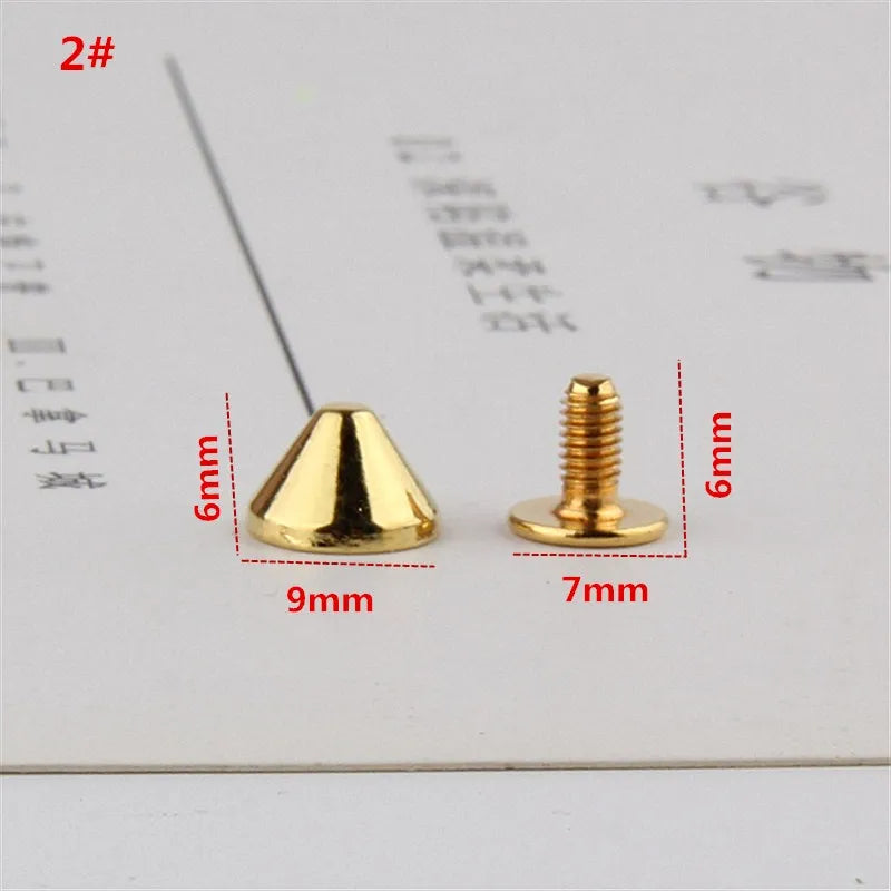 All Kinds of Gold Metal Screwback Cone Studs Bullet Spike Stud Punk Bag Belt Shoes Clothes Leathercraft Cone Rivet DIY