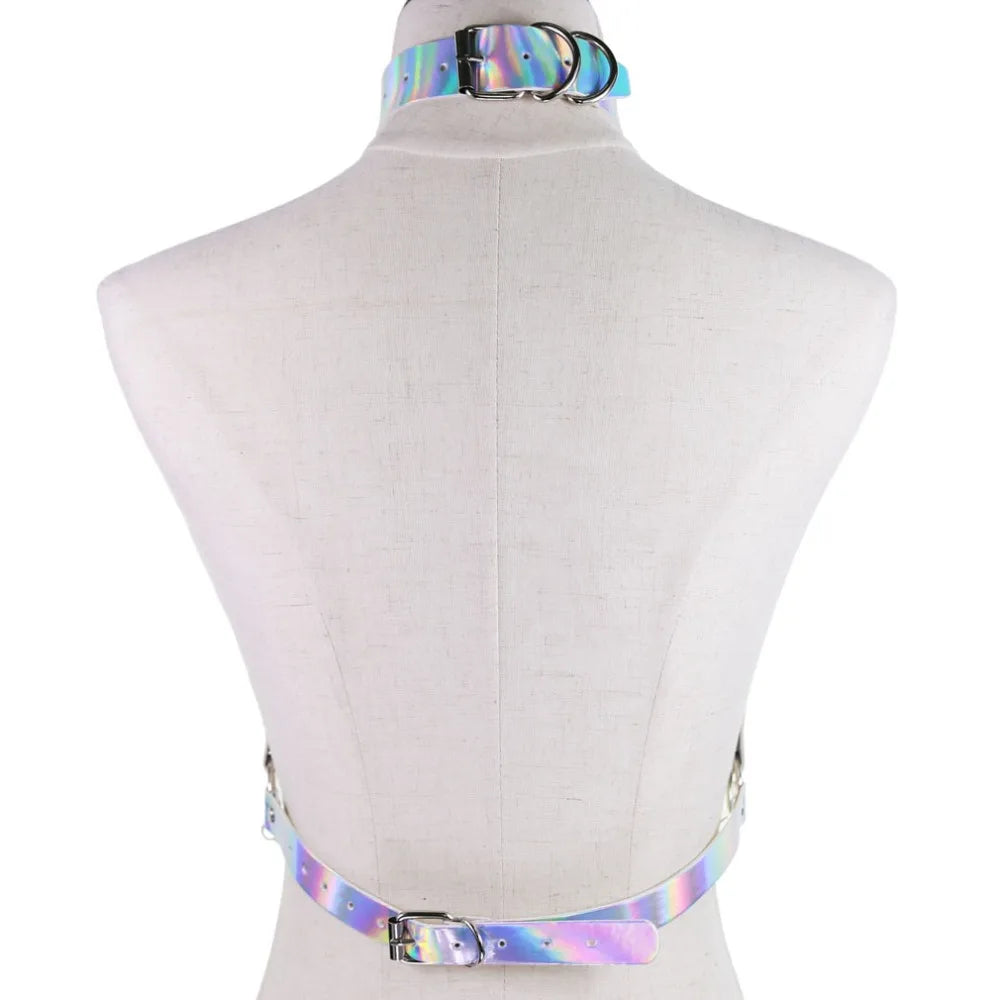 Holographic Leather Body Chain Harness Top Punk Women Holo Rainbow Waist Jewelry Festival Rave Outfit