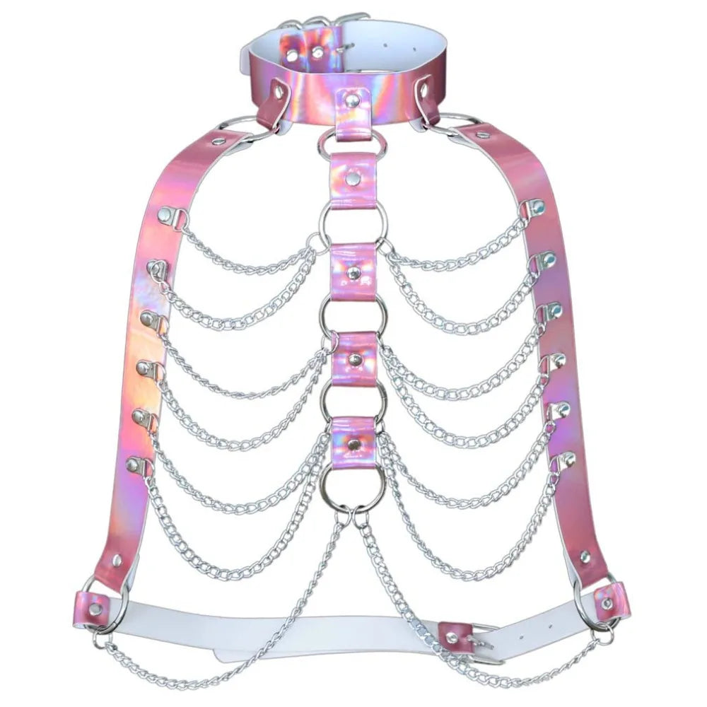Holographic Leather Body Chain Harness Top Punk Women Holo Rainbow Waist Jewelry Festival Rave Outfit