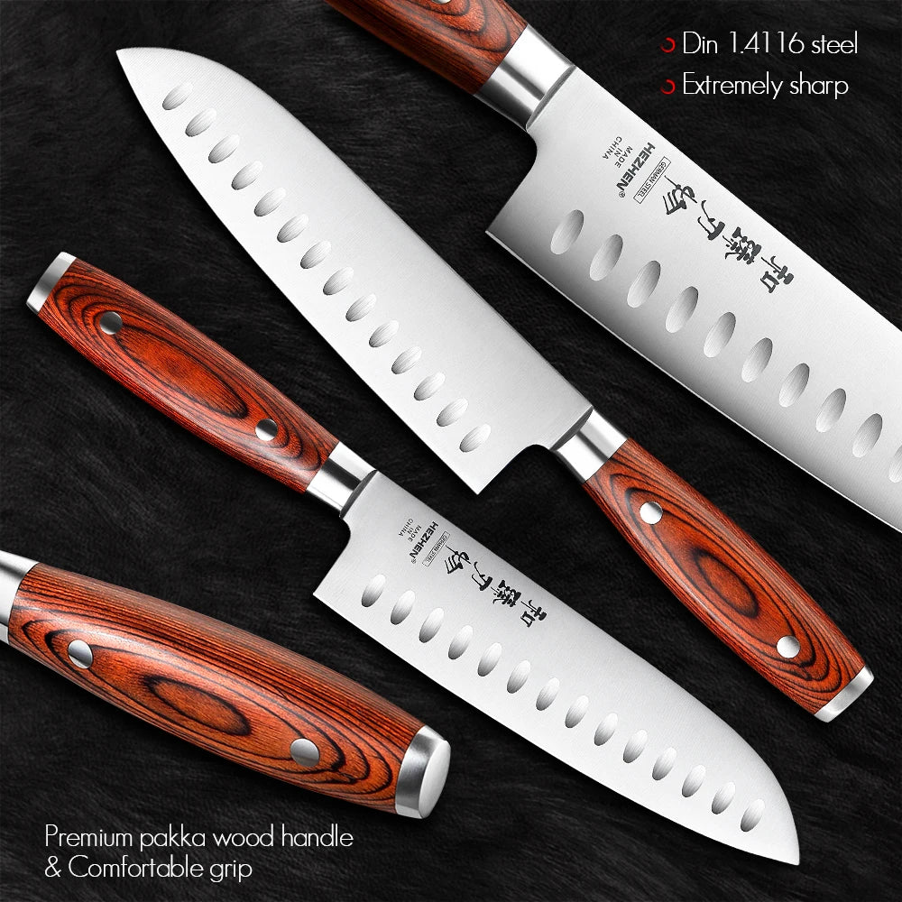 HEZHEN 1-6PC Knife Sets Carving Chef Bread Santoku Utility Paring Pakka Wood Handle & Stainless Steel Rivet Kitchen Tool