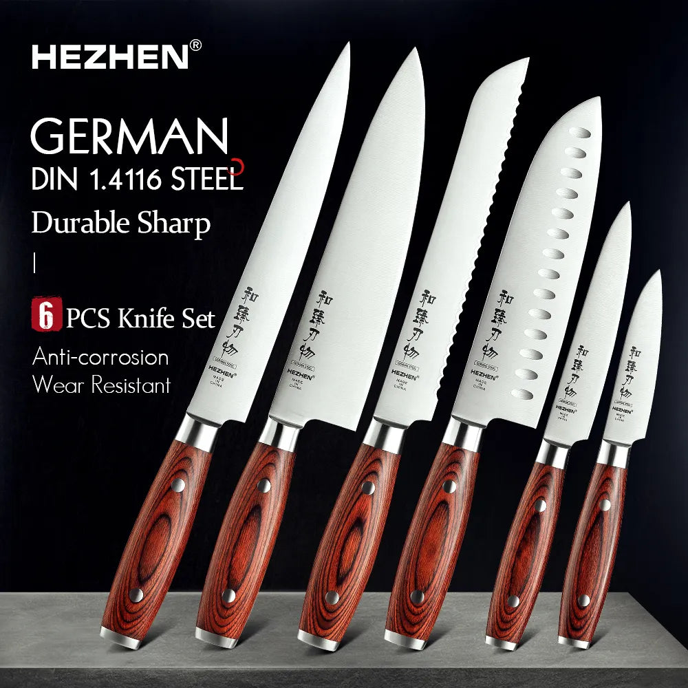 HEZHEN 1-6PC Knife Sets Carving Chef Bread Santoku Utility Paring Pakka Wood Handle & Stainless Steel Rivet Kitchen Tool