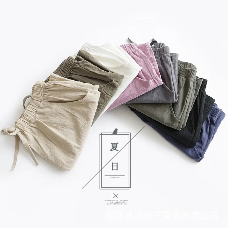 Women's Loose Linen Cotton Shorts, Casual Korean Wide Leg Pants, Drawstring, Elastic Waist, Bikers, Spring, Summer, 2024
