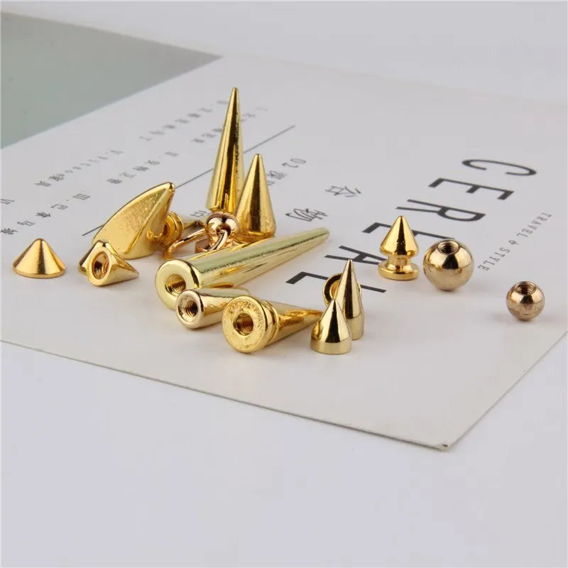 All Kinds of Gold Metal Screwback Cone Studs Bullet Spike Stud Punk Bag Belt Shoes Clothes Leathercraft Cone Rivet DIY