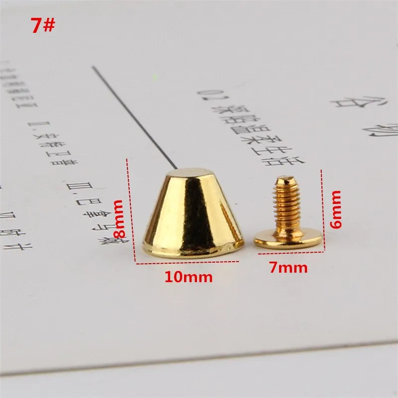 All Kinds of Gold Metal Screwback Cone Studs Bullet Spike Stud Punk Bag Belt Shoes Clothes Leathercraft Cone Rivet DIY