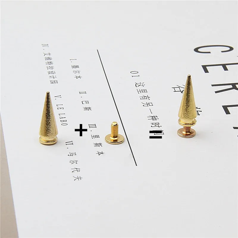 All Kinds of Gold Metal Screwback Cone Studs Bullet Spike Stud Punk Bag Belt Shoes Clothes Leathercraft Cone Rivet DIY