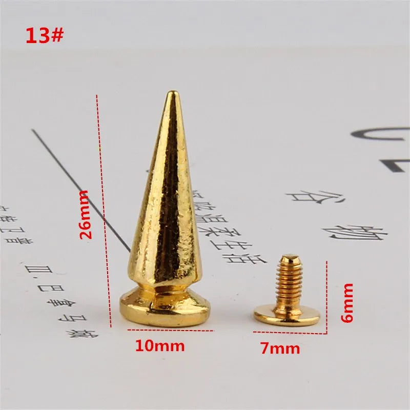 All Kinds of Gold Metal Screwback Cone Studs Bullet Spike Stud Punk Bag Belt Shoes Clothes Leathercraft Cone Rivet DIY