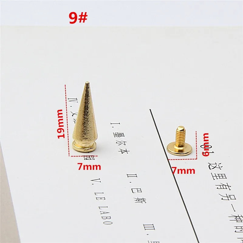 All Kinds of Gold Metal Screwback Cone Studs Bullet Spike Stud Punk Bag Belt Shoes Clothes Leathercraft Cone Rivet DIY