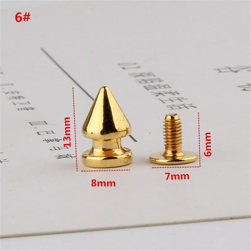 All Kinds of Gold Metal Screwback Cone Studs Bullet Spike Stud Punk Bag Belt Shoes Clothes Leathercraft Cone Rivet DIY