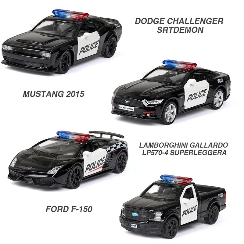 1/36 Diecast Alloy Police Car Models Challenger 2 Doors Opened With Pull Back Function Metal Sports Cars Model For Children Toys
