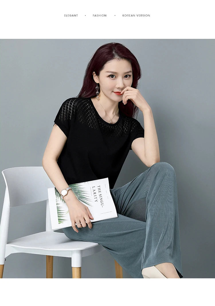 2024 Summer Ladies Knitted Top Short Sleeve Tshirt Hollow Out T Shirt Women Loose Elegant Tee Shirt Femme Casual Clothes T-shirt