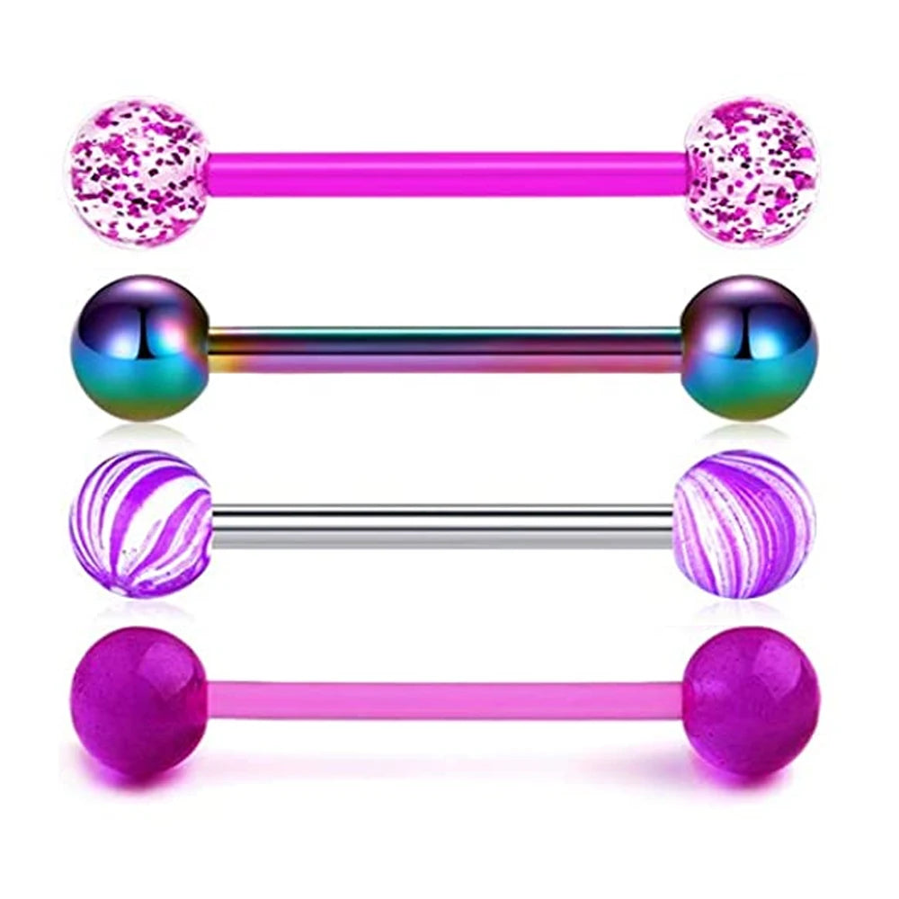 WKOUD 4 PCS Stainless Steel 14G Tongue Rings Barbell Tongue Barbell Jewelry For Women Piercing Tongue Kit Piercing 16mm