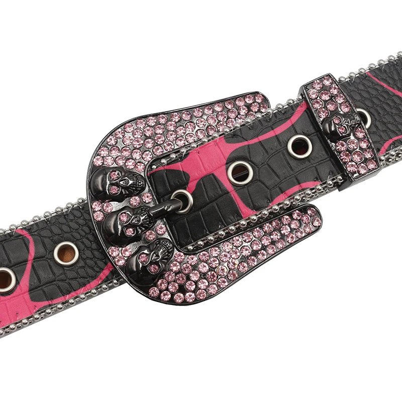 Silver Sparkly Jeans Pants Belt Decorative Skull Rhinestone Belt Y2K Beads Decor Sequin Belt Punk Western Cowboy Cowgirl Belt