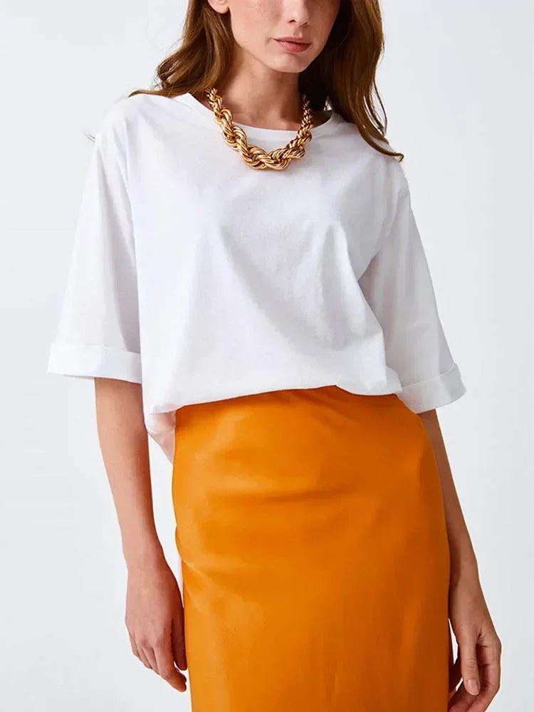 Summer Women's T-shirt Short Sleeve 100 % Cotton Oversized T-shirts Loose Casual O Neck Solid Blue Orange Tees Clothes for Women
