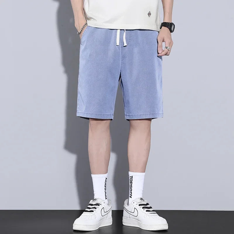 Soft Cosy Lyocell Thin Men's Denim Shorts Summer Clothes Loose Pants Drawstring Elastic Waist Korea Casual Short Plus Size M-5XL