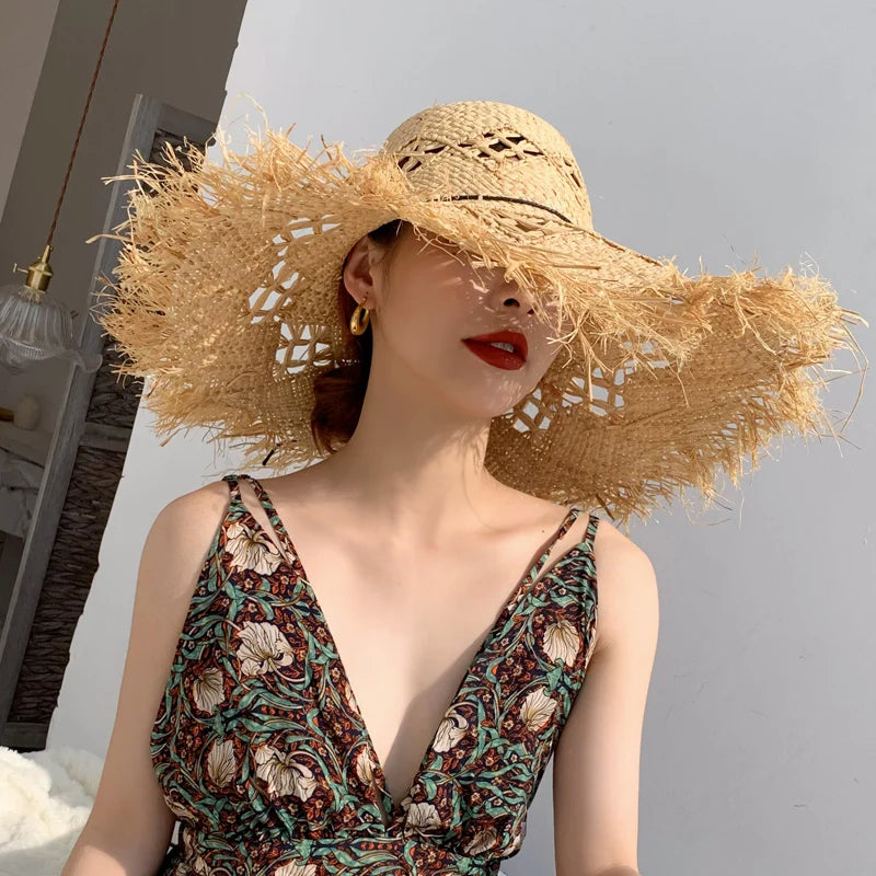 2024 Summer Raffia Sun Hats for Women Holiday Straw Hat Panama Ladies UPF Travel Beige Floppy Hat beach accessories