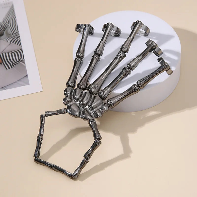 Skeleton Hand Bracelet Bangle Halloween Wristband Skull Fingers Metal Skeleton Hand Bracelet With Ring Hand Halloween Jewelry