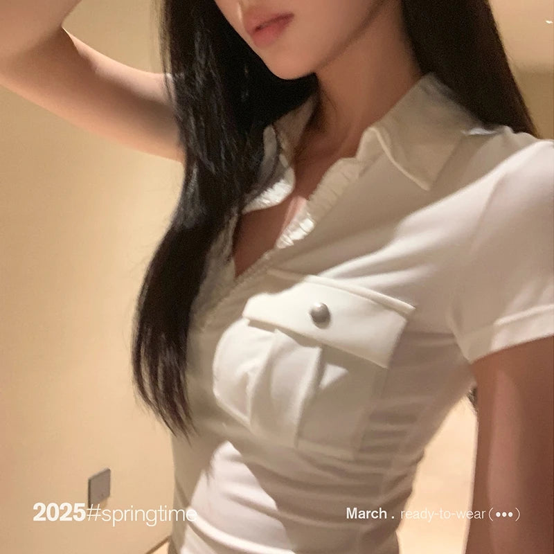 Tawaaiw Casual Pocket T-shirt Woman Clothes Short Sleeve Turn-down Collar Korean Fashion 2000s Clothes Y2k Summer Tops Tees