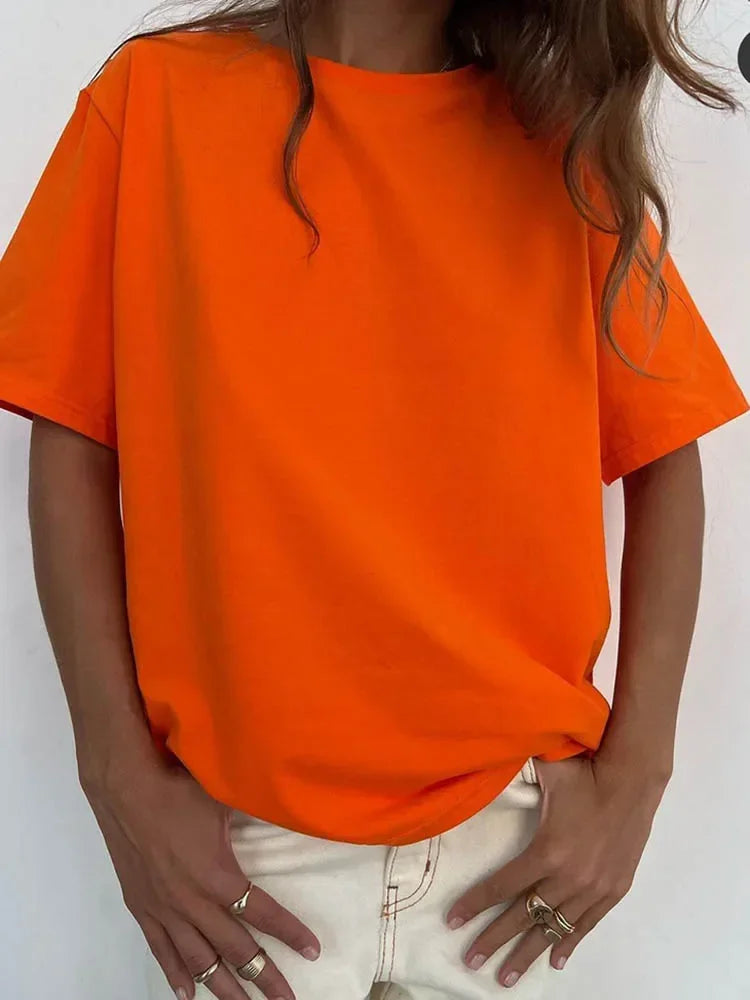 Summer Women's T-shirt Short Sleeve 100 % Cotton Oversized T-shirts Loose Casual O Neck Solid Blue Orange Tees Clothes for Women