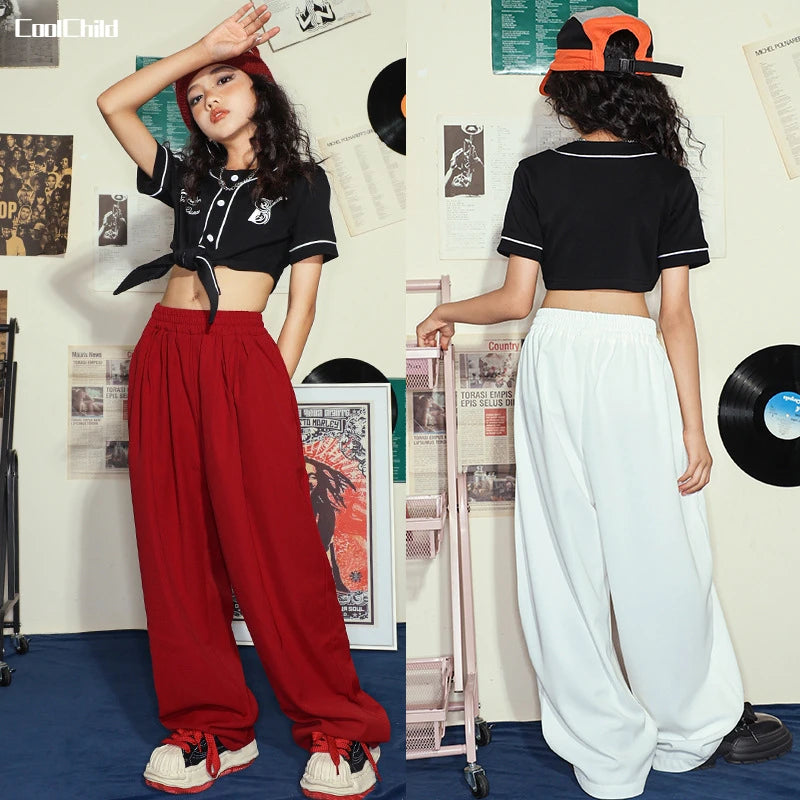 Hip Hop Girls Crop T-shirt Loose Pants Kids Street Dance Baseball Jacket Child Streetwear Jazz Clothes Sets Teen Fashion Costume